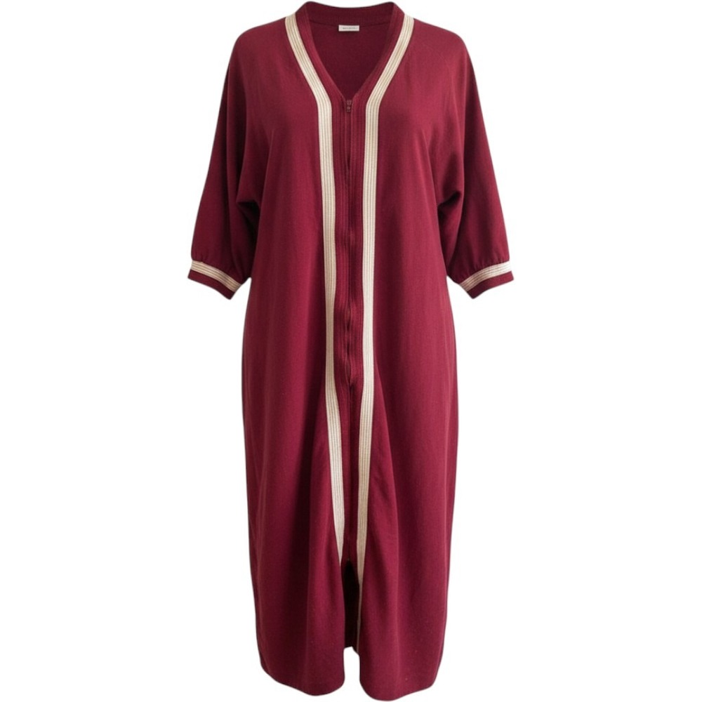 Vintage Kayser Red Dacron Robe White Striped Trim Long Sleeve Small